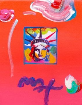 Max LIBERTY HEAD Hand Signed Original Mixed Media: This is a Peter Max hand signed mixed media titled "LIBERTY HEAD II". This piece is hand overpainted by Peter Max with a variation color combination of brushstrokes of his original artwork and hand si