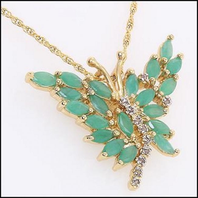 3.59 CT Emerald & Diamond Designer Butterfly Necklace: 20 pieces of GENUINE 5X2.5mm Marquise Emeralds.11 pieces of GENUINE 1.1mm single cut diamonds 0.09 carat Tw, I2-I3 quality no treatment.5.05 grams of brass layered with 18K yellow Gold.The length is 1