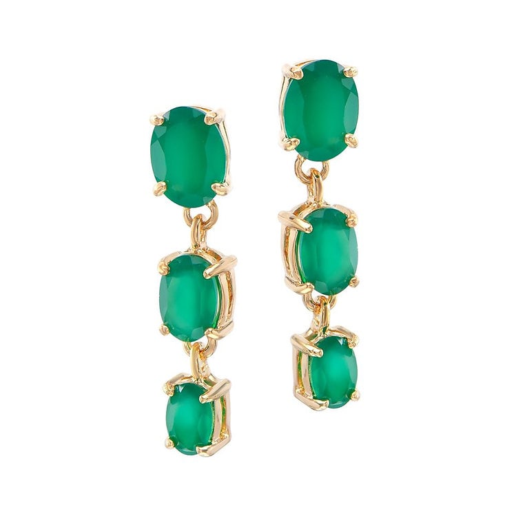 4.05 CT Green Agate Past Present Future Designer Earrings $500: 2 pieces 8X6mm oval Green Agates,2 pieces of 7X5mm oval Green Agates.2 pieces of 6x4mm oval Green Agates. 3.25 grams of brass layered with 18K yellow gold.The height is 7/8 inches or 13mm. The width i
