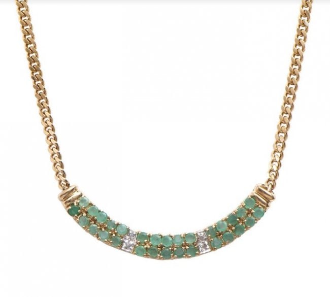 2.29 CT Emerald & Diamond Designer 18KGP Necklace: 30 pieces of GENUINE Emeralds quality AA no treatment.6 pieces of GENUINE 3X3mm rounds diamonds 0.03 carat Tw.9.48 grams of brass layered with 18K yellow gold.The necklace length is around 18 inches.