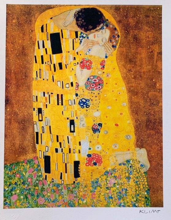 The Kiss Giclee by Gustav Klimt: This piece is facsimile signed on the lower right. Pencil numbered from an edition of 375. Image measures 14 inches x 11 inches. Paper with border measures 17 inches x 13 inches. Published on thick qu