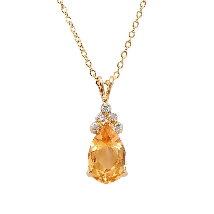 3.79 CT Pear Shape Citrine & Diamond 18KGP Designer Necklace: 1 piece of GENUINE 14X9 mm faceted Pear Shape Citrine quality AAA no treatment.5 pieces of GENUINE single cut diamonds I-J color & I2-I3 Clarity no treatment. 3.75 grams of brass layered with 18K yell