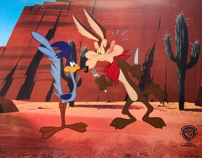 Warner Bros WILE COYOTE & ROADRUNNER Sericel Animation Art Cel Chariots of Fur $1,475!: This is a limited edition sericel of Wile Coyote and Roadrunner titled ?Chariots of Fur?.This Cel measures 11" x 14", comes unframed, in excellent condition.This cel bears an authentication stamp from
