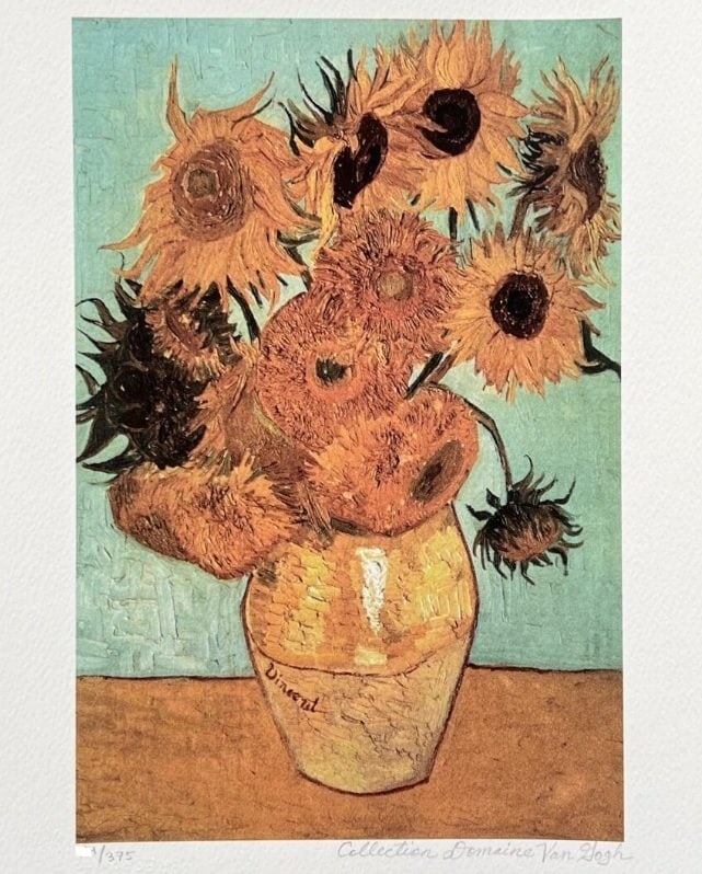 Vincent Van Gogh VASE WITH SUNFLOWERS Estate Signed Giclee MSRP $1,195!: This is a VINCENT VAN GOGH (ESTATE COLLECTION DOMAIN) reproduction giclee titled ?Vase with Twelve Sunflowers?. This piece is pencil signed on the lower right as ?Collection Domain Van Gogh? and has a
