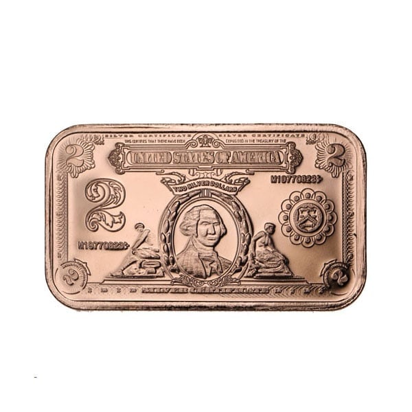 Great Investment! 10 Copper BARS - $2 Banknote, 1 AVDP Oz, .999 Pure Copper IRA Approved: The Copper BAR - $2 Banknote is a finely crafted bar made from .999 pure copper, replicating the design of the historic U.S. $2 bill. Manufactured in the USA by Osborne Mint, the nation's oldest priva