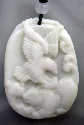 Chinese Jade Hawk Eagle Bear Pendant: Size: 45mm x 32mm This is a beautiful chinse jade pendant carved with spirit totem "Hawk Eagle & Bear". Brave hawk eagle and bear symbolize power, agility and speed. Free silk cord to make necklace.