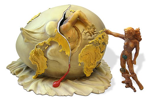 Dali GEOPOLITICAL CHILD AND NEW HUMAN: This is a sculpture entitled "GEOPOLITICAL CHILD WATCHES THE BIRTH OF THE NEW HUMAN" (1943) by Salvador Dali. This is a highly collectible, quality, resin sculpture with hand-painted color details,