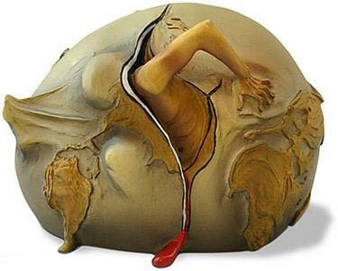 Salvador Dali GEOPOLITICAL CHILD Sculpture: This is a sculpture entitled GEOPOLITICAL CHILD WATCHES THE BIRTH OF THE NEW HUMAN watches the birth of the new human (1943) by Salvador Dali. This is a highly collectible, quality, resin sculpture