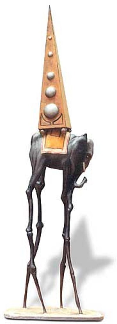 Salvador Dali SPACE ELEPHANT Sculpture: This is a sculpture entitled "SPACE ELEPHANT FROM THE TEMPTATION OF SAINT ANTHONY" (1946) by Salvador Dali. This is a highly collectible, quality, resin sculpture with hand-painted color details,