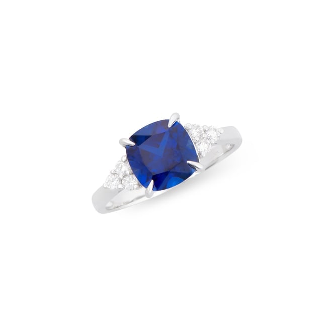 $8,895 Value! 3.01 Ct Lab Grown Blue Sapphire Diamond Designer Ring F VVS 2 AAA IDEAL Cut CERT: Gemstone Description:Gemstone: Sapphire Lab Grown Color: Royal Blue Shape: Cushion Size: 8mm Quantity: 1 Grade:AAA Ct: 2.82 Diamond Lab Grown Description:Shape: Round Size:1.9mm Ct: 0.19 Grade: VVS2