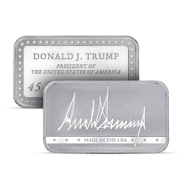 Great Investment! Trump Signature Presidential Silver Bar - 1 Troy Ounce, .999 Pure IRA Approved: Trump Signature Presidential Silver Bar - 1 Troy Ounce, .999 Pure Silver Purity: 99.9% Pure SilverWeight: 1 troy ounce