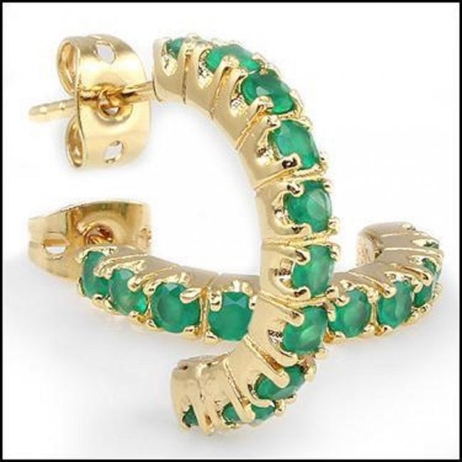 1.20 Cts Green Agate Hoops 18KGP Designer Earrings: 20 pieces of GENUINE 2.5mm round Green Agate quality AAA no treatment.2.05 grams of Base Metal layered with 18K yellow gold, (18KGP stamp).This lovely earrings comes in a free jewelry gift box.Great j