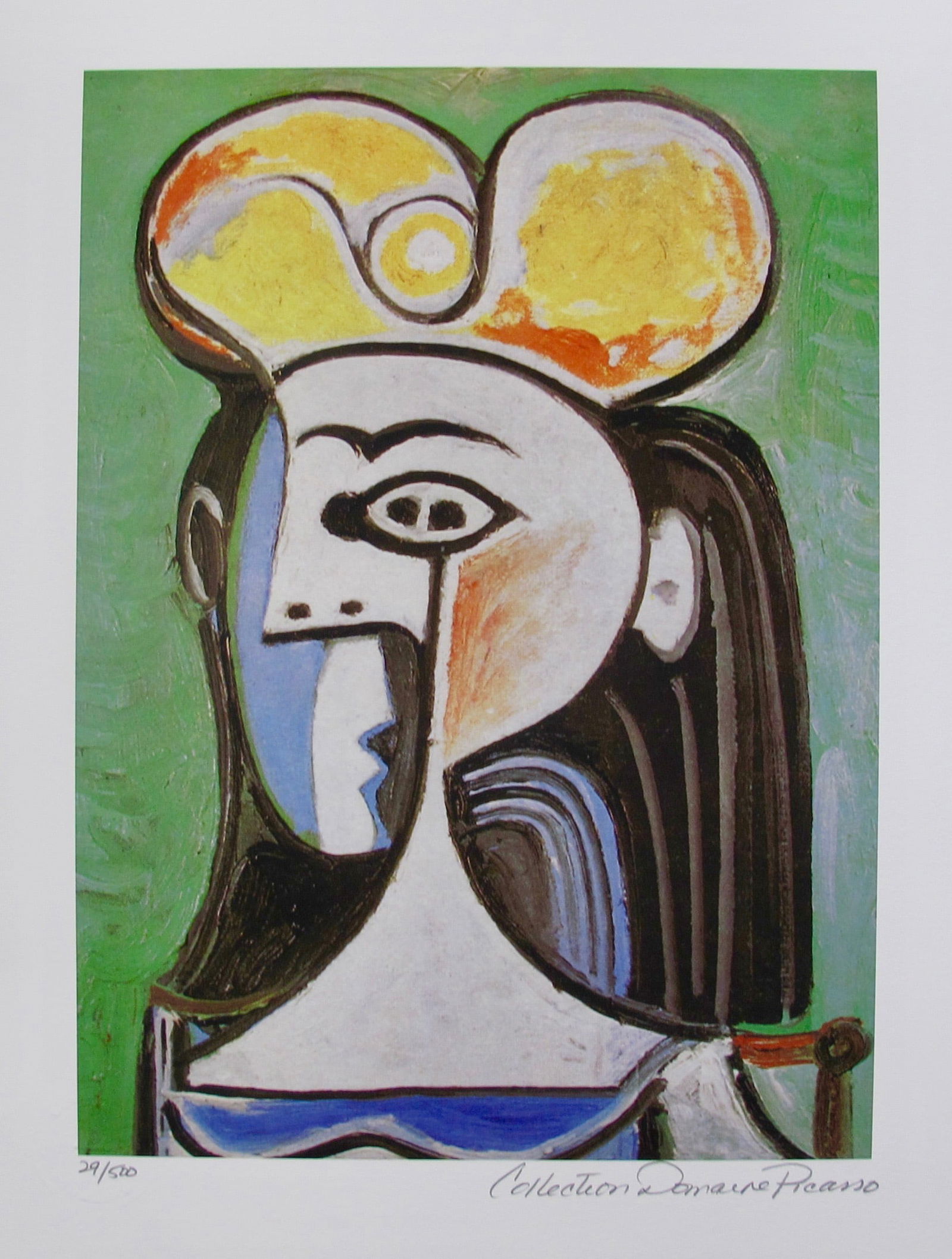 Pablo Picasso GIRL WITH BLACK HAIR Estate Signed Limited Edition Small Giclee: This is a PABLO PICASSO (ESTATE COLLECTION DOMAINE) (1881-1973) small giclee titled ?GIRL WITH BLACK HAIR?.This piece is pencil signed on the lower right as ?Collection Domaine Picasso? and has an emb