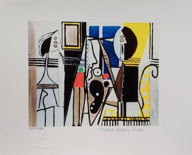 Fine Art Pablo Picasso Painter in the Studio Giclee: PABLO PICASSO (ESTATE COLLECTION DOMAINE) (1881-1973) giclee titled ?PAINTER IN THE STUDIO?. This piece is pencil hand signed on the lower right as ?Collection Domaine Picasso? and has an embossed sea