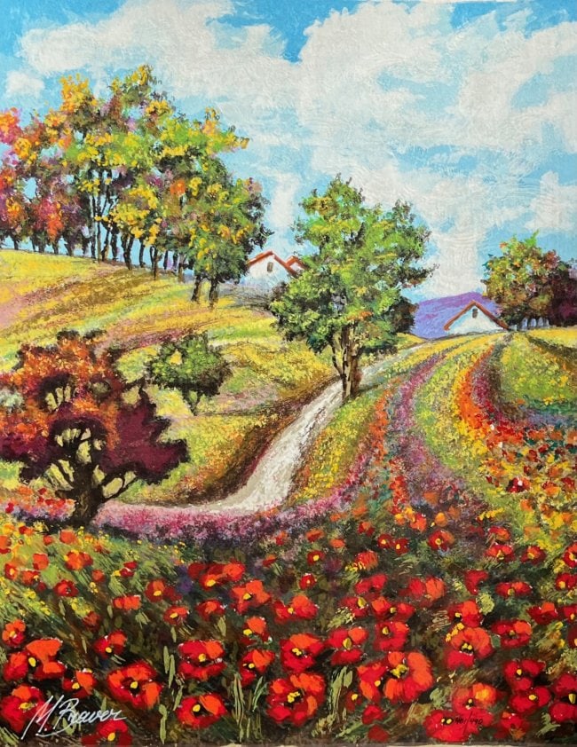 Mark Braver Poppy Landscape Hand Signed Limited Edition Serigraph: This is a hand signed serigraph by Mark Braver titled Poppy Landscape. Beautiful art piece on extra thick arches paper. Image measures: 16 inches x 12.5 inches. Paper measures: 17.5 inches x 14 inches