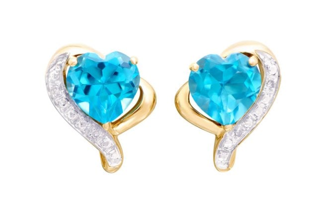 2.87 Cts Certified Natural Diamonds & Blue Topaz 14K Gold Designer Earrings MSRP $4,795!: Gemstone: Swiss Blue topazColor: BlueShape: HeartSize: 7 mmQuantity: 2CTW: 2.84 Shape: RoundsSize: 1.00 mm Quantity: 4CTW: 0.03Grade: I2-13Color: H-I Material Information:Primary Material: 14k Solid G