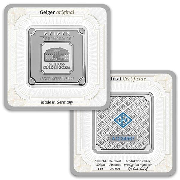 Great Investment! Geiger SILVER Bar 1 Troy Oz .999 Pure in Assay: Geiger Silver Bar - 1 Troy Oz .999 Pure, in AssayThe Geiger Silver Bar is a highly sought-after bullion product crafted by Geiger Edelmetalle AG, a prestigious German mint with a legacy dating back to