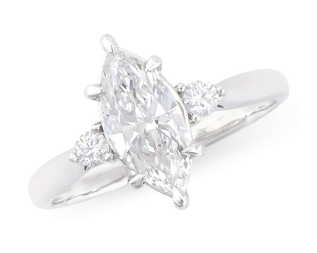 $13,895 Value! 1.28 Ct IGI Certified Lab Grown Marquise Diamond Designer Ring F VVS IDEAL Cut: Main Diamond Description: Shape: MarquiseSize: 11.53x5.3mm Weight: 1.14 CTGrade: VVS 2Color: F Diamond Description: Shape: RoundsSize: 2.5mm Weight: 0.14 CTGrade: VVS 2Color: E-F Material Information: