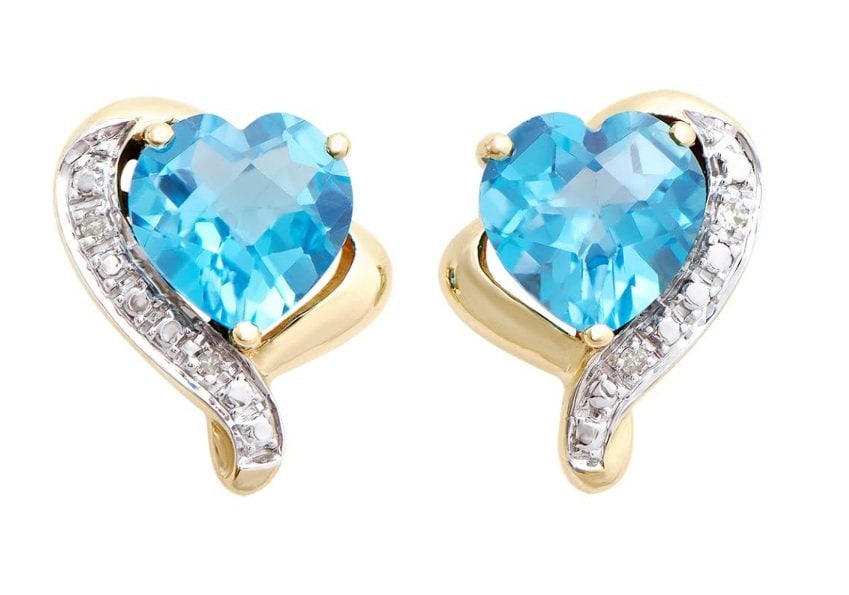2.46 Ct Certified Swiss Topaz & Diamond Earrings $4,069: Main Stone: 2.44 Ct of 2 heart shape Swiss Blue Topaz 7mm quality AAA no treatment. Side: 0.02 Ct round diamonds 1.0 mm , H-I , I2-I3 no treatment.2.83 grams 10K solid yellow gold.Comes with Certifica
