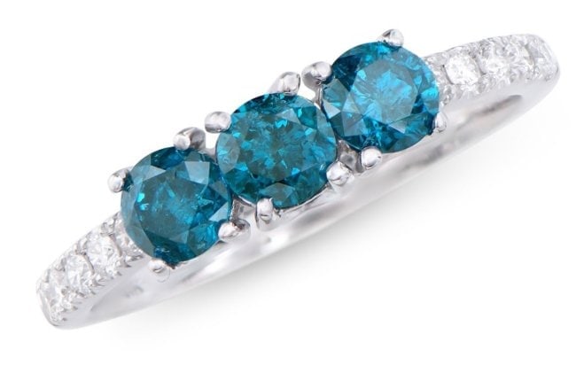 $10,395 Value! 1.28 Ct GLS Certified White & London Blue Diamonds 14K Gold Designer Ring: Diamond Description:Shape: RoundSize: 1.8mm Quantity: 10CT: 0.26Grade: I1-I2Color: H-1 Diamond Description:Shape: RoundSize: 4.4mm Quantity: 3CT: 1.02Grade: I1-I2Color: Dark Blue Material Information: