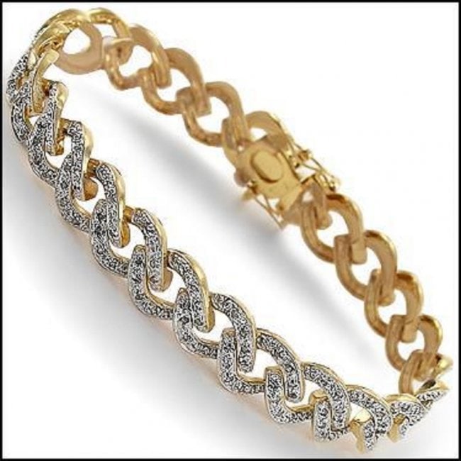 0.75 CT Diamond 18KGP Designer Bracelet $1,870!: 96 Single cut 1.1 mm round diamonds:Color: I-J & Clarity:I2-I3 No treatment.10.35 grams of brass layered with 18K yellow Gold.Length is 7 1/2 inches.The width is 1/4 inches.