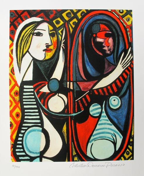 Pablo Picasso GIRL BEFORE A MIRROR Estate Signed Giclee: This is a PABLO PICASSO (ESTATE COLLECTION DOMAINE) (1881-1973) small giclee titled "GIRL BEFORE A MIRROR". This piece is pencil signed on the lower right as 'Collection Domaine Picasso' and has an