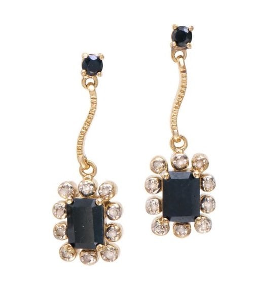 4.66 CT Sapphire & Diamond Designer Earrings $1,180: 2 pieces of GENUINE 3x4 mm faceted Emerald cut Black Sapphires quality AAA no treatment. 10 pieces of GENUINE 1.2 mm single cut diamonds SI-1 no treatment. 6.89 grams of Base Metal layered with 18K