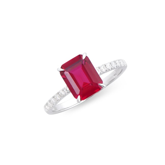 $8,795 Value! 3.02 Ct Lab Grown Ruby Diamond Designer Ring F VVS 2 AAA IDEAL Cut CERT: Gemstone Description:Gemstone: Sapphire Lab Grown Color: Red Shape: Octagon Size: 9x7mm Quantity: 1 Grade:AAA Ct: 2.81 Diamond Lab Grown Description:Shape: Round Size:1.5mm Ct: 0.21 Grade: VVS2