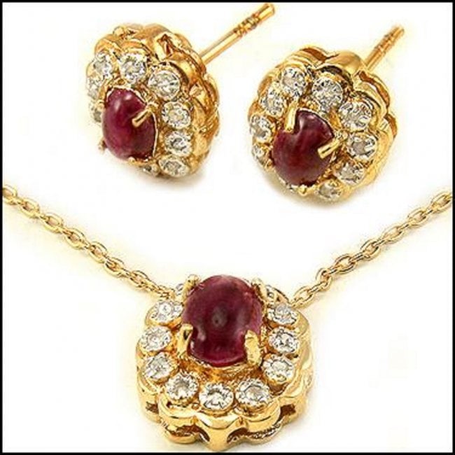 3.84 CT Ruby & Diamond Designer Set $985: Master jewelers designed your amazing Set with: Pendant: 1 piece of GENUINE lovely 3.5mm oval Cabochon Ruby stone no treatment quality AAA. 12 pieces of GENUINE single cut diamonds 0.14 carat tw.no