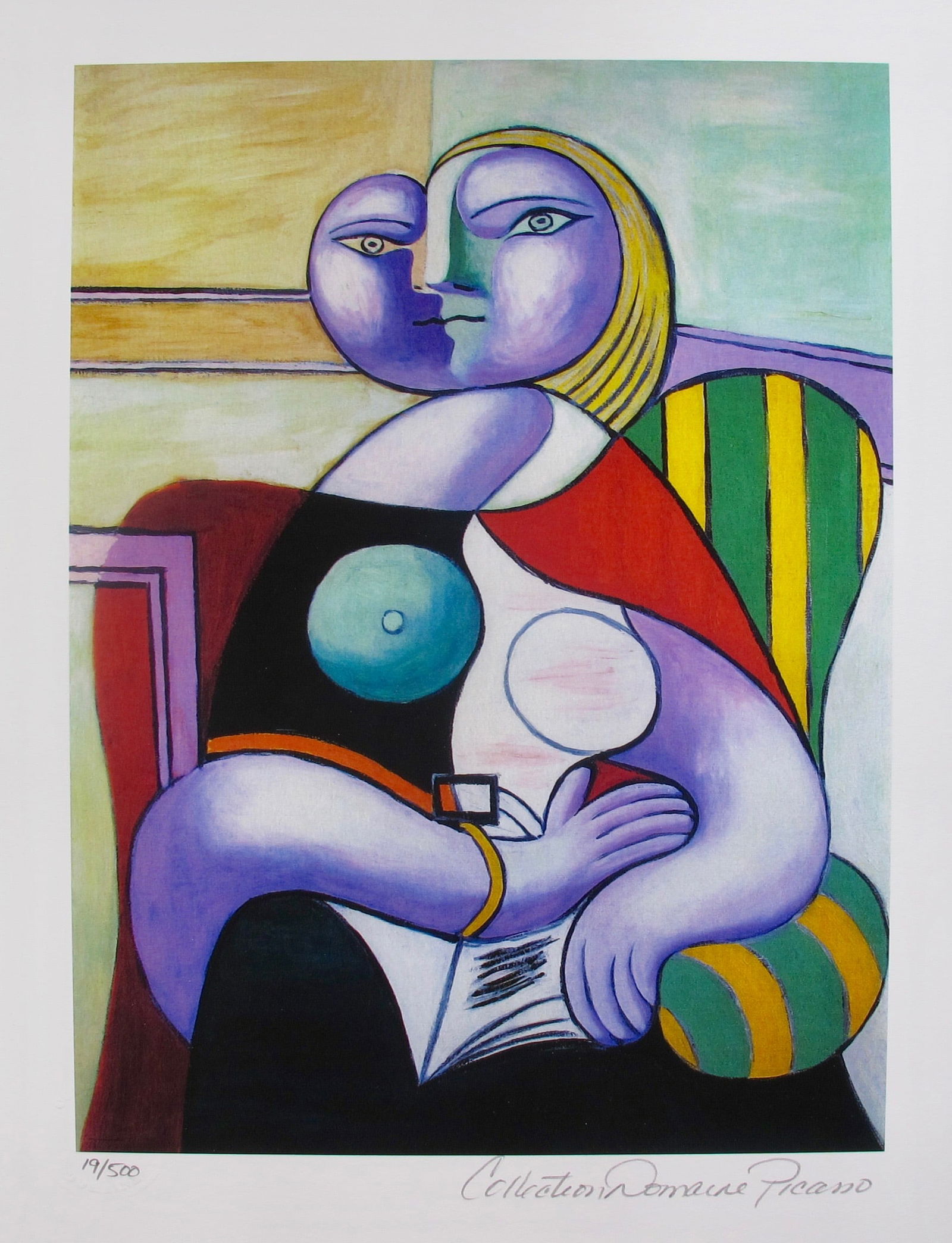 Pablo Picasso LADY IN GREEN STRIPED CHAIR Estate Signed Limited Edition Small Giclee: This is a PABLO PICASSO (ESTATE COLLECTION DOMAINE) (1881-1973) small giclee titled ?LADY IN GREEN STRIPED CHAIR?.This piece is pencil signed on the lower right as ?Collection Domaine Picasso? and