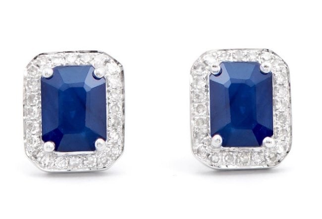 1.52 Ct Certified Natural Sapphire & Diamond 14K Designer Earrings $6,950.00!!!: Description:Gemstone: SapphireColor: BlueShape: OctagonSize: 6x4Quantity: 2CTW: 1.31 Diamond Description:Shape: RoundsSize: 0.9 mm Quantity: 48CTW: 0.21Grade: I2-I3Color: H-I Material Information:Prim