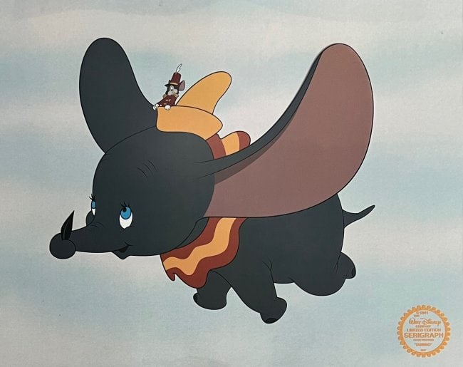 Disney Fine Art Dumbo Sericel Limited Edition Animation Art Serigraph Cel: This is a Limited Edition Serigraph Cel of DUMBO from 1941 Walt Disney Studios ? DUMBO. Disney?s own artists have selected this scene from the ORIGINAL animation drawings used to produce this classic
