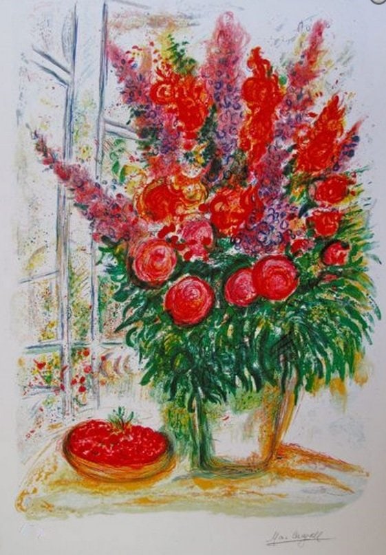 Marc Chagall Bouquet With Bowl Of Cherries: Marc Chagall limited edition small giclee titled ?BOUQUET WITH BOWL OF CHERRIES?. This giclee is facsimile signed on the lower right and is pencil numbered on the lower left from an edition of 375. Pa