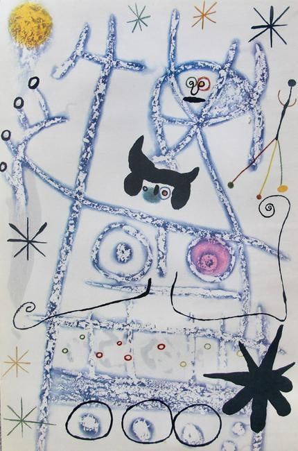 Joan Miro LES FORESTIERS BLEU 1975 Limited Edition Lithograph Art: This is a Joan Miro limited edition lithograph titled ?Les Forestiers Bleu? (year of original, 1958). Printed in Mourlot, Paris in 1975. Published by XXieme siecle, this subject is an unsigned, unnumb