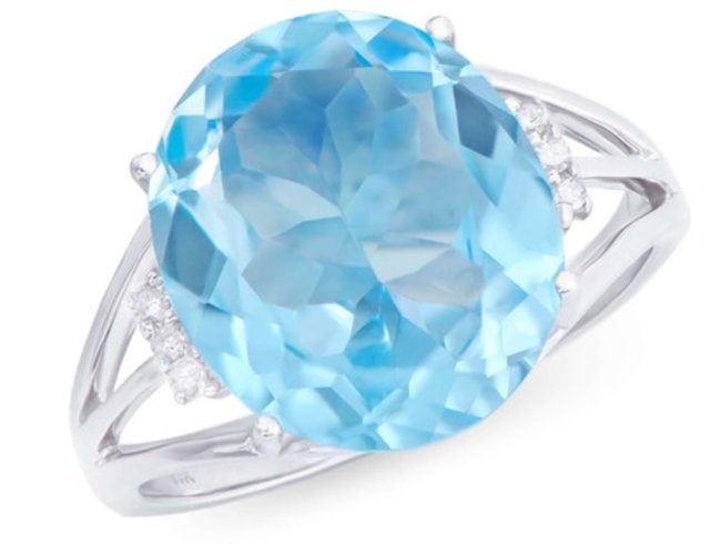 7.51 Cts Certified Natural Diamonds & Blue Topaz 14K White Gold Designer Ring: Gemstone: Swiss Blue topazColor: BlueShape: OvalSize: 14X12Quantity: 1CTW: 7.45 Diamond DescriptionShape: RoundsSize: 1.20 mm Quantity: 6CTW: 0.06Grade: I2-13Color: H-I Material Information:Primary