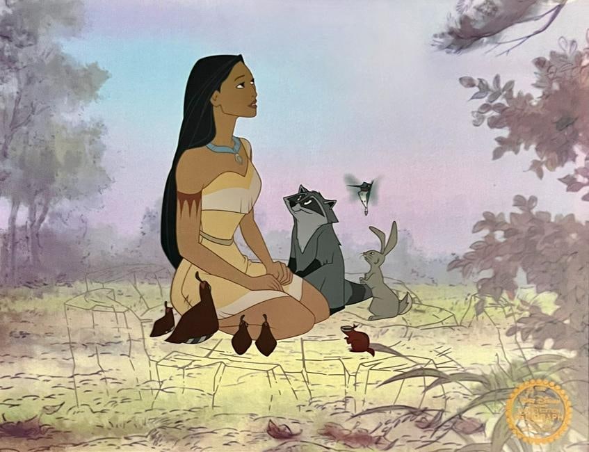 Disney Pocahontas Sericel Limited Edition Animation Art: This is a Disney Limited Edition Serigraph Cel of Pocahontas, Meeko, Flit and Bunny. From Walt Disney Studios. Disney?s own artists have selected this scene from the original animation drawings used