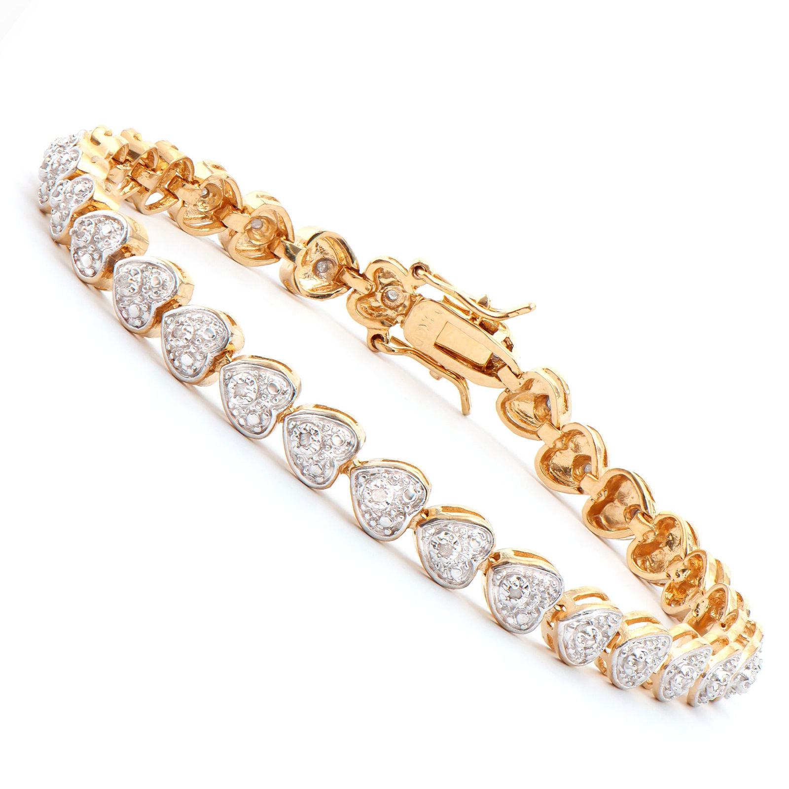 0.24 Cts Diamond 18KGP Designer Bracelet: 31 Single cut 1.1mm rounds diamonds.Color: I-J & Clarity:I2-I3 No treatment. PRJEWELRYENDS9.75 grams of brass layered with 18K yellow Gold.Length is 7 1/2 inches.The width is 1/4 inches.