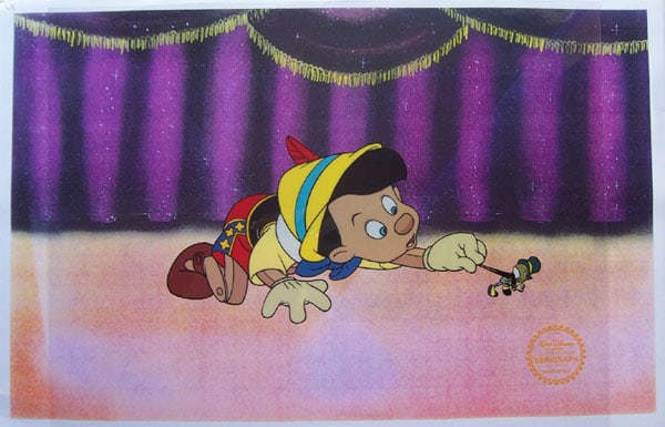 Disney PINOCCHIO 1939 Original Serigraph Cel: This is a GENUINE Original Limited Edition Serigraph Cel of Pinocchio and Jiminy Cricket from 1939 Walt Disney Studios - "PINOCCHIO". The classic Story that makes us never want to tell a lie since its