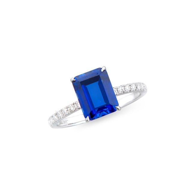 $8,895 Value! 3.02 Ct Lab Grown Blue Sapphire Diamond Designer Ring F VVS 2 AAA IDEAL Cut CERT: Gemstone Description:Gemstone: Sapphire Lab Grown Color: Royal Blue Shape: Octagon Size: 9x7mm Quantity: 1 Grade:AAA Ct: 2.81 Diamond Lab Grown Description:Shape: Round Size:1.5mm Ct: 0.21 Grade: