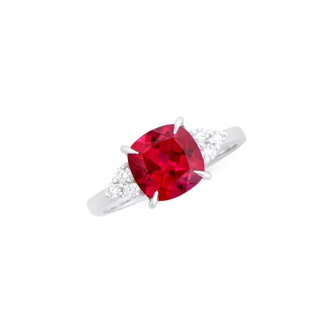$8,895 Value! 3.01 Ct Lab Grown Ruby Diamond Designer Ring F VVS 2 AAA IDEAL Cut CERT: Gemstone Description:Gemstone: Sapphire Lab Grown Color: Red Shape: Cushion Size: 8mm Quantity: 1 Grade:AAA Ct: 2.82 Diamond Lab Grown Description:Shape: Round Size:1.9mm Ct: 0.19 Grade: VVS2 Color: