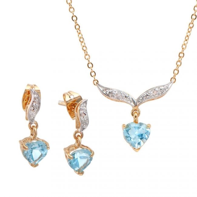 3.12 ctw Blue Topaz & Diamond Designer Set $1,375: One Plated 18KT Yellow Gold 3.10ctw Blue Topaz and Diamond Pendant with Chain and Earrings. (1) heart shaped Blue Topaz stone with a total weight of 1.40cts. (2) heart shaped Blue Topaz stones with a