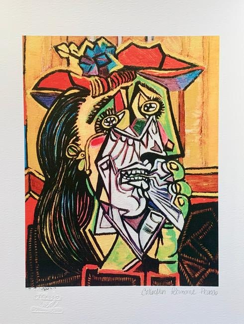 Picasso CRYING WEEPING WOMAN Estate Signed Limited Edition Giclee: This is a PABLO PICASSO (ESTATE COLLECTION DOMAINE) (1881-1973) small giclee titled ?WEEPING WOMAN WITH HAT?. This piece is pencil signed on the lower right as ?Collection Domaine Picasso? and has an