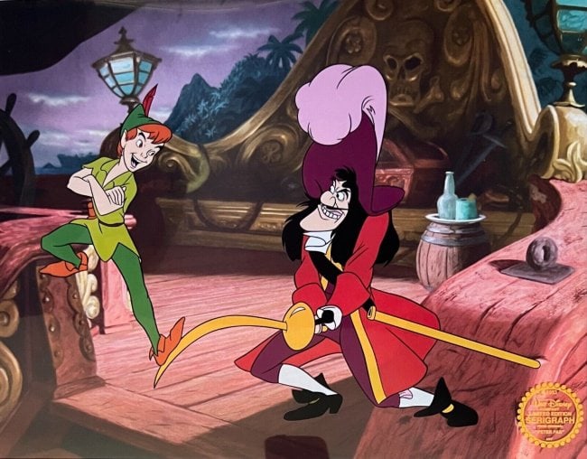Disney PETER PAN & CAPTAIN HOOK Sword Limited Edition Sericel MSRP $1,365!: This is a Limited Edition Serigraph Cel of Peter Pan and Captain Hook from 1953 Walt Disney Studios Peter Pan?.Disney own artists have selected this scene from the original animation drawings used to