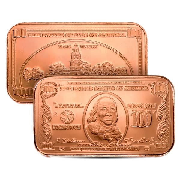 Hot deal! 20 Copper Bars $100 Banknote, 1 AVDP Oz, .999 Pure Copper: Beautiful bars in a nice sealed pack of 20. These are better feeling in your hand than money, they look better, sound better and people really respond to them! 20 Copper Bars $100 Banknote, 1 AVDP Oz,