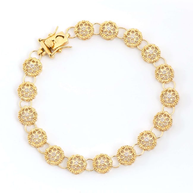 $2,635 Value! 0.21 cts Natural Diamond 18KGP Sterling Silver Designer Bracelet #2054: Diamond Description Shape: Round ,Size: 1.2mm, Quantity: 16, CT: 0.21, Grade: I2, Color: H-I Material Information:Plating Material: 18K Yellow Gold, Primary Material:Sterling Silver (Marked) Jewelry I