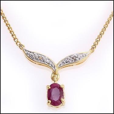 2.98 Ctw Ruby & Diamond 18k Designer Necklace: Master jewelers designed your Necklace with: 1 piece of GENUINE 7X5mm faceted Ruby. 2 pieces of GENUINE single cut diamonds 0.04CT 7.98 grams of sterling silver layered with 18K yellow gold. The neckl