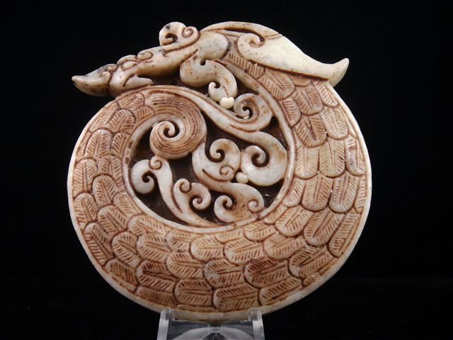 Old Jade Hand Carved Ancient Monster Large Pendant: Item Description: This is a very nice old jade ancient curly monster overlay hand carved large pendant, excellent workmanship and the piece looks even more attractive in person, item dimension is appr