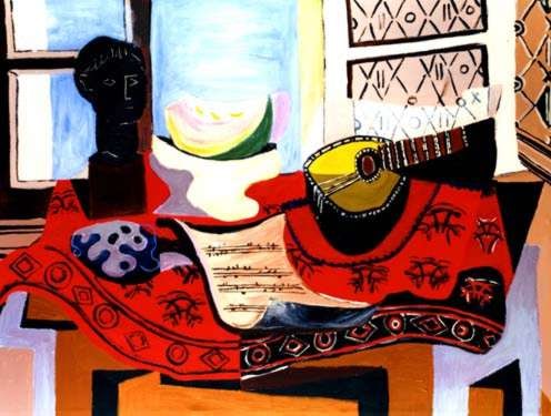 STILL LIFE WITH MANDOLIN Picasso Estate Signed Gicl: This is a PABLO PICASSO (ESTATE COLLECTION DOMAINE) gicl?e lithograph print titled "Still Life with Mandolin." This artwork is magnificent with brilliant rich colors and visual sweep. This is an