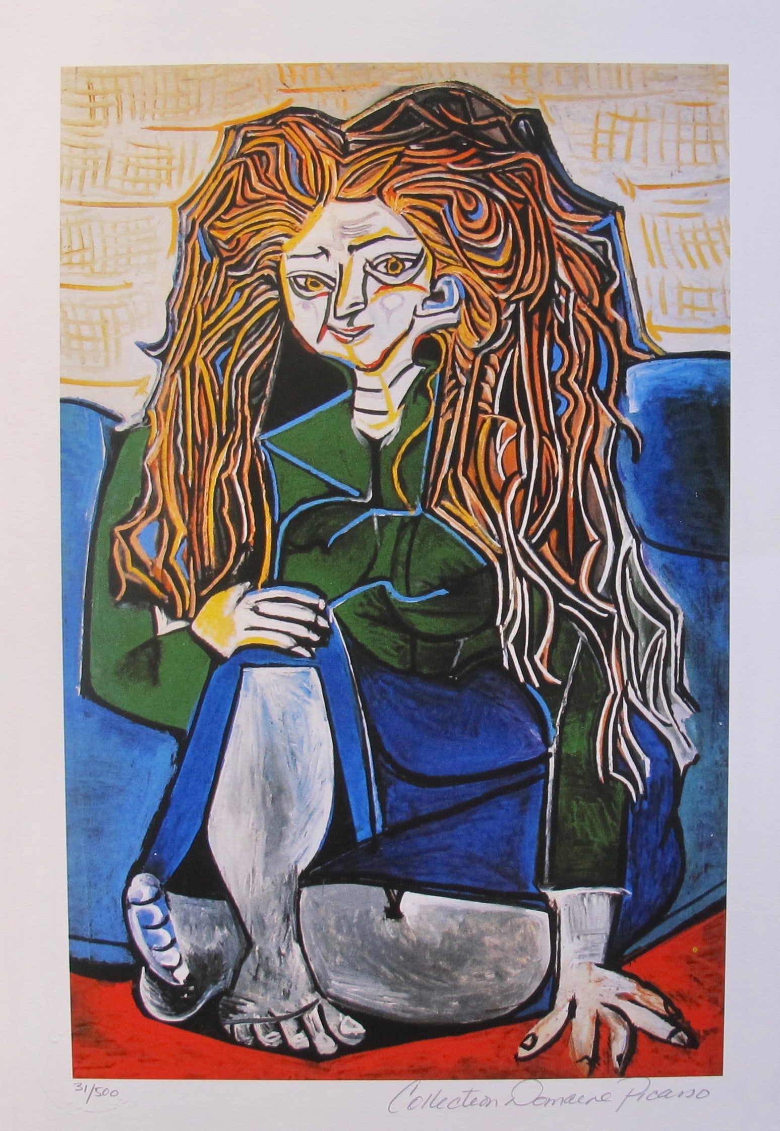 Pablo Picasso WOMAN SITTING CROSS LEGGED Estate Signed Limited Edition Small Giclee: This is a PABLO PICASSO (ESTATE COLLECTION DOMAINE) (1881-1973) small giclee titled ?Woman Sitting Cross Legged?.This piece is pencil signed on the lower right as ?Collection Domaine Picasso? and has