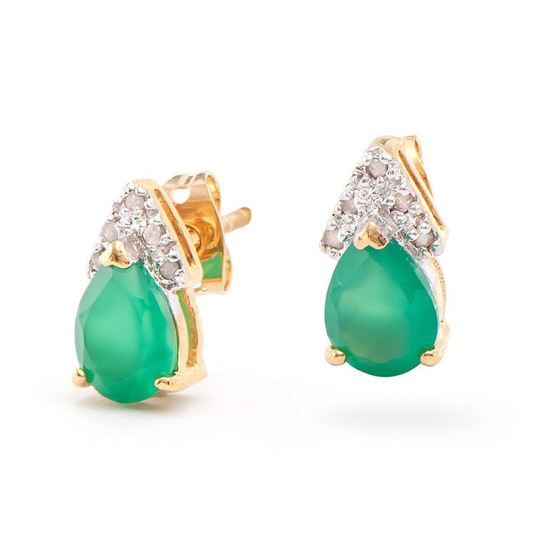 3.34 CTW Green Agate & Diamond Designer Earrings: Master jewelers designed your earrings with: 2 piece of Green Agate. 10 pieces of GENUINE single cut diamonds 0.18 carat tw. 7.12 grams of Base Metal/brass layered with 18K yellow gold. The motif widt